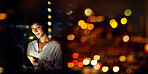 Tablet, city and woman in night bokeh or overlay information technology, fintech software and finance app. Young person or worker on digital technology for financial strategy, trading or stock market