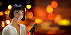 Portrait, asian woman and phone on bokeh banner, mockup background or 5g mobile tech app in Korea. Happy female, mock up and smartphone at night for digital contact, connection or social media search