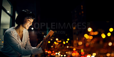 Buy stock photo Smile, night and tablet with woman on rooftop for research, social media and networking app. Technology, internet and website with girl outside for email, communication and data in city bokeh mockup