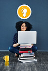 Black woman, student and laptop with idea icon for education, books and learning knowledge. Person on floor to study for college or university with coffee for online course or mockup research
