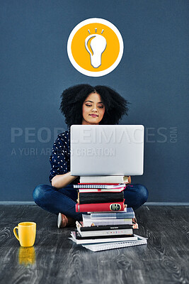 Buy stock photo Black woman, student and laptop with idea icon for education, books and learning knowledge. Person on floor to study for college or university with coffee for online course or mockup research