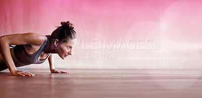Buy stock photo Woman, fitness and pushup on floor with space, mockup and wellness for muscle development, gym and sport. Bodybuilder, strong body and workout with training for health, goals and exercise mock up