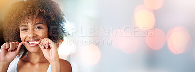 Buy stock photo Black woman, dental floss portrait and space for mockup, smile and happiness with afro, self care and cleaning, Young model, gen z african and happy with dentistry product, healthcare and wellness