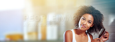 Buy stock photo Black woman, afro portrait and comb with space, mockup and happiness with smile, self love and cosmetics, Young model, gen z african and happy with natural hair care, clean and blurred background