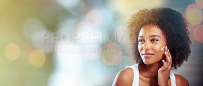 Buy stock photo Beauty mockup, cream and face of black woman with overlay for wellness, facial treatment and cosmetics. Dermatology, luxury spa and happy girl with sunscreen creme, lotion and moisturizer in bathroom