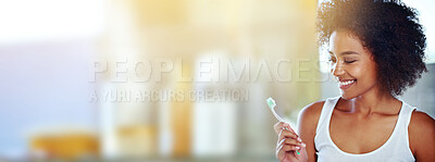 Buy stock photo Dental, mockup and smile with black woman and toothbrush for brushing teeth, oral hygiene and self care. Cosmetics, health and happy with girl for cleaning, glow and whitening treatment in bathroom 