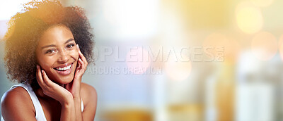 Buy stock photo Black woman, mockup portrait and beauty with space, smile and happiness with afro, self care and cosmetics, Young model, gen z african and happy with natural hair, skincare and blurred background