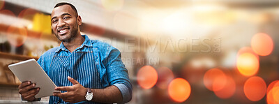 Buy stock photo Black man, tablet and small business owner on bokeh in management with smile at coffee shop. Portrait of happy African American male entrepreneur, manager or waiter with touchscreen on mockup at cafe