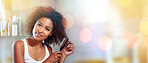 Black woman, afro portrait and comb for copy space, mockup and happiness with smile, self love and cosmetics, Young model, gen z african and happy with natural hair care, clean and blurred background