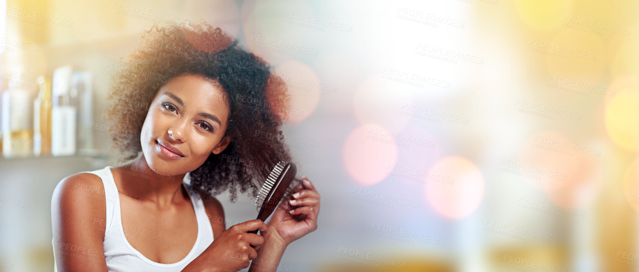 Buy stock photo Black woman, afro portrait and comb for copy space, mockup and happiness with smile, self love and cosmetics, Young model, gen z african and happy with natural hair care, clean and blurred background