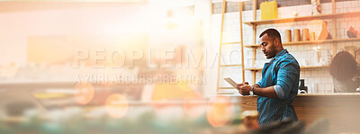 Buy stock photo Black man, tablet and small business owner on bokeh in management or inspection at coffee shop. Confident African American male entrepreneur, manager or waiter with touchscreen on mockup at cafe
