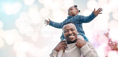 Buy stock photo Portrait, piggyback and black father with girl in nature, having fun and bonding in low angle. Love, bokeh care and smile of man and child or kid playing and enjoying quality time together outdoors.