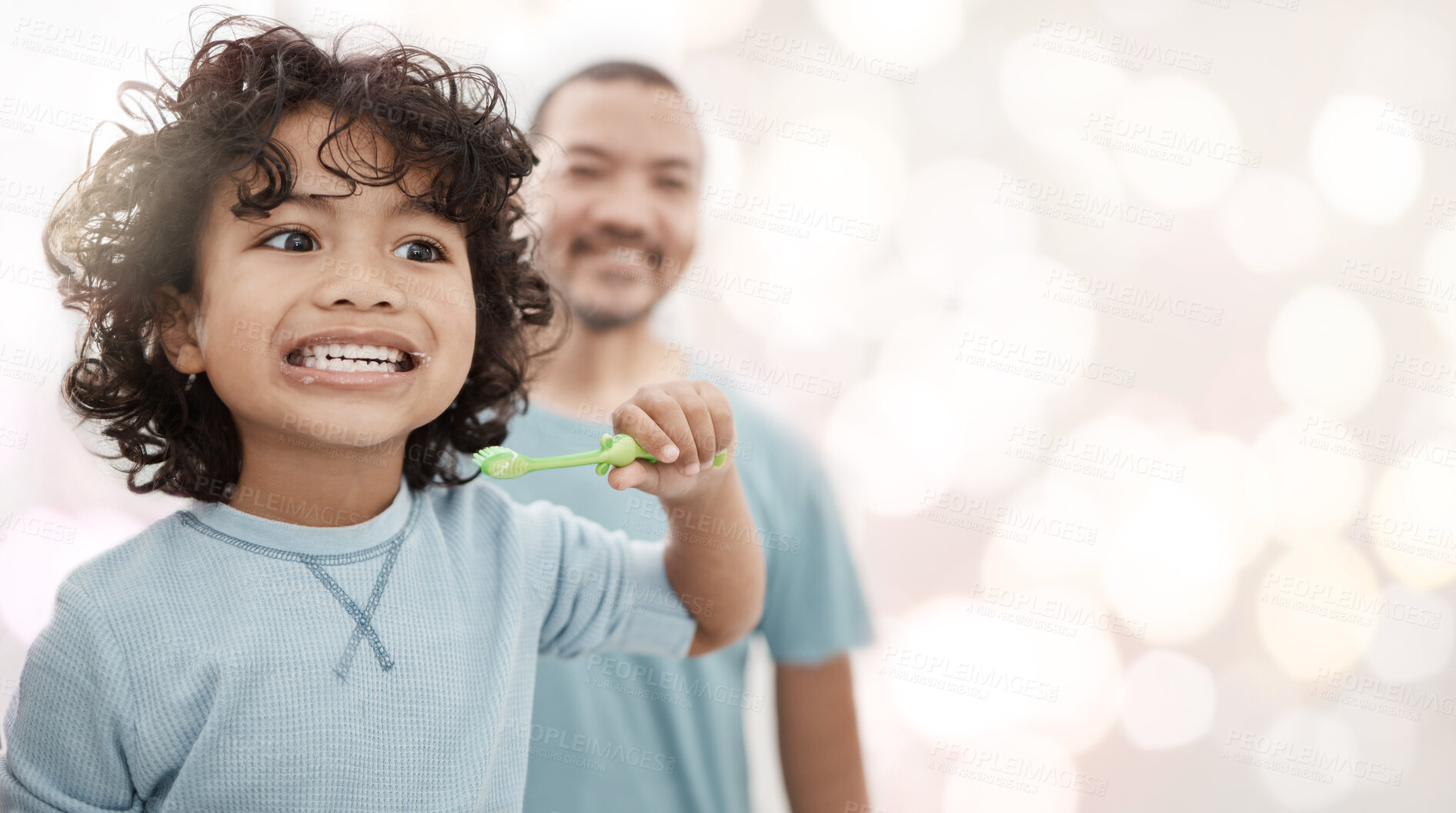 Buy stock photo Dental, learning and brushing teeth with child and father with bokeh mockup for oral hygiene, self care and toothbrush. Smile, happy and wellness with man and son in bathroom for teaching and health