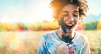 Paint, farm and mockup with an excited black boy outdoor on a blurred background of lens flare. Kids, fun and mock up with a messy male child outside for painting, agriculture or sustainability