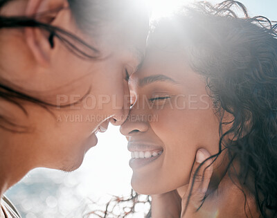 Buy stock photo Face, love and nature with a couple together at the beach, sharing an intimate moment outdoor closeup. Trust, travel or relax with a young man and woman enjoying a romantic date bonding in summer