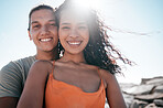 Selfie, portrait and couple at a beach for travel, fun and bond, happy and relax on blue sky background. Social media, influencer and man with woman for profile picture, photo or blog update in Miami