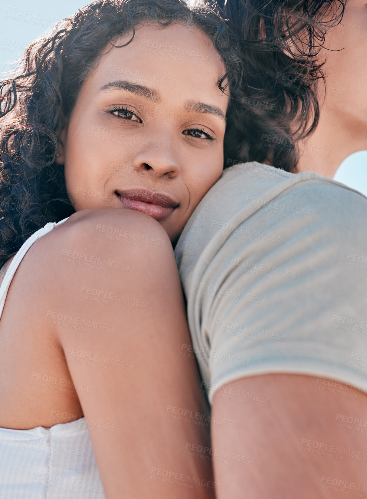 Buy stock photo Love, portrait and woman hugging her boyfriend while on date for romantic or their anniversary. Happy, smile and face of female embracing her man from behind outdoors with romance, care and affection