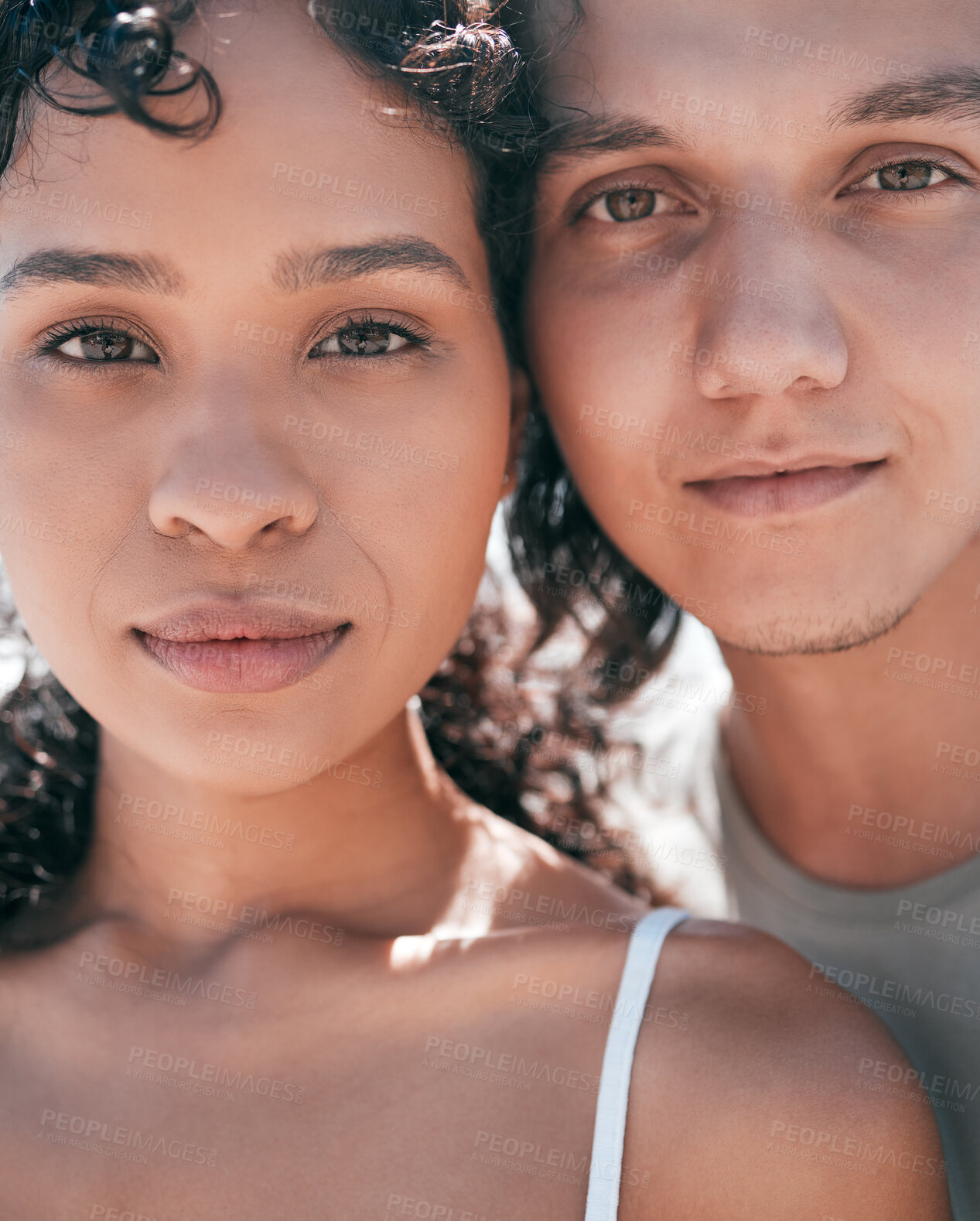 Buy stock photo Serious, love and portrait of couple in outdoors for relax, freedom and support. Relationship, cool and care with face of man and woman outside together for date, lifestyle and partner on vacation