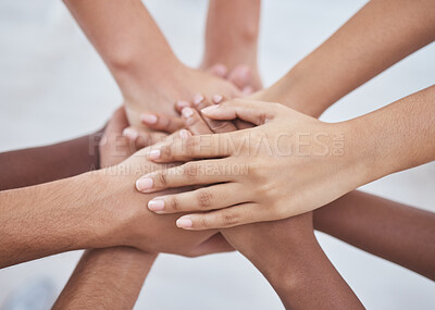 Buy stock photo Training, hands and above business people collaboration in support of team building, idea or mission. Hand, teamwork and group united in community, growth or motivation, corporate or partnership goal