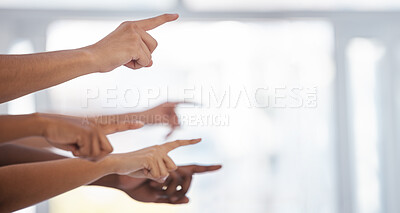 Buy stock photo Finger raise, group and office with space for mockup, pointing and teamwork for problem solving together. Hands, team and answer with solution, goals and motivation with mock up by blurred background