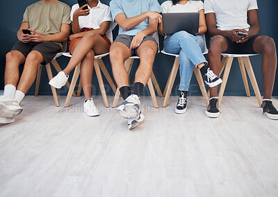 Buy stock photo People, legs and sitting in waiting room networking for interview, social media or marketing team. Leg of group in wait with technology for network, hiring or recruitment on chairs in row on mockup
