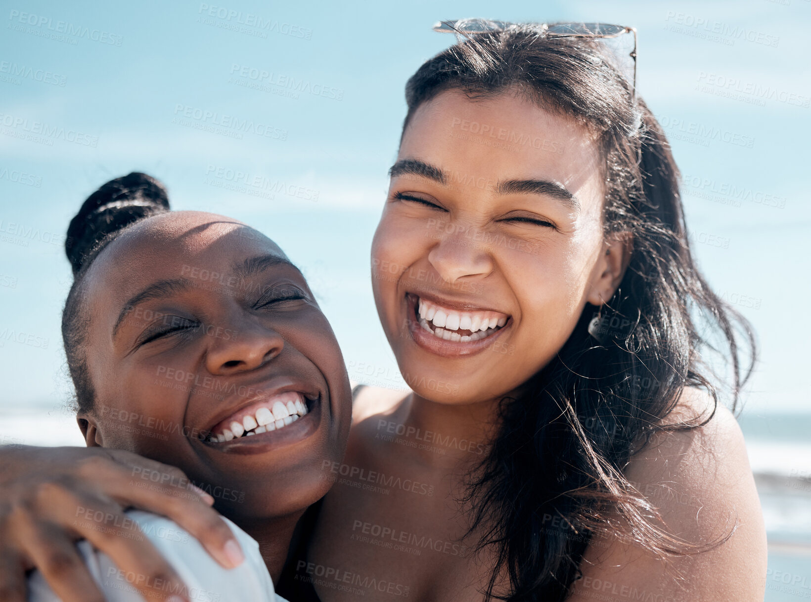 Buy stock photo Woman, friends and hug with smile for beach day, summer vacation or travel together outdoors. Portrait of happy women laughing in joy for friendship, travel or fun holiday bonding by the ocean coast