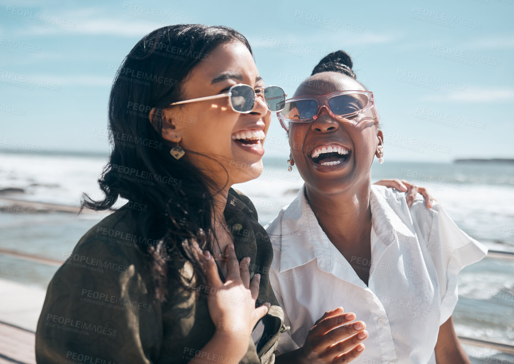 Buy stock photo Happy, friendship and women on a walk at the beach while on a summer vacation, weekend trip or adventure. Happiness, freedom and female friends walking by the ocean while on seaside holiday together.