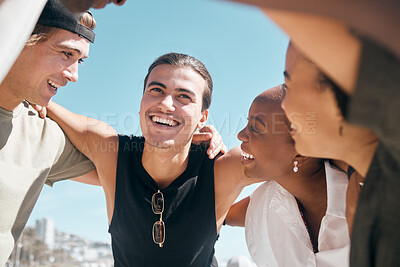 Buy stock photo Friends, huddle or diversity in solidarity, community support or bonding by travel beach in group social gathering. Smile, happy men or women in circle, summer holiday vacation or trust support group