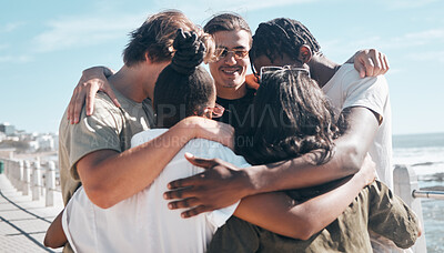 Buy stock photo Bonding friends, huddle or diversity by beach in solidarity travel, community support or group social gathering. Smile, happy men or women circle embrace, summer holiday vacation or global trust hug