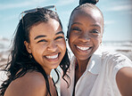 Portrait, friends and selfie of women at beach outdoors, having fun or enjoying holiday time. Travel face, freedom and smile of girls taking pictures for social media, profile picture or happy memory