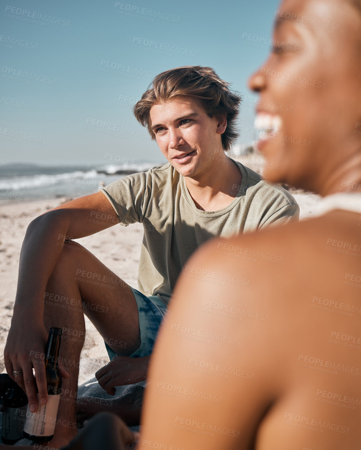 Buy stock photo Man, black woman or people bonding on beach sand and beer, alcohol drink or cider in holiday, vacation or summer travel. Smile, happy or picnic friends by ocean in community support or relax freedom