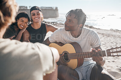 Buy stock photo Black man, friends or playing guitar by beach, ocean or sea in holiday vacation, summer travel or social gathering. Smile, happy or couple of friends with musical instrument in relax diversity picnic