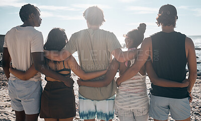 Buy stock photo Friends, back or standing hug by beach, ocean or sea in social gathering, group vacation or relax summer holiday. Men, women or diversity people in embrace, travel bonding or nature community support