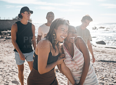 Buy stock photo Friends, laughing or walking on beach sand or sea in social gathering joke, diversity vacation comedy or comic summer holiday. Smile, happy men or ocean women in travel bonding or funny storytelling