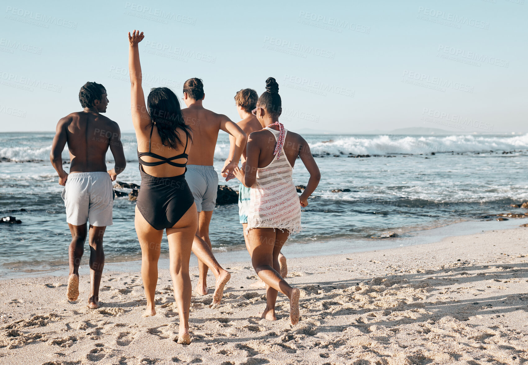 Buy stock photo Bonding people, swimwear or running to sea, ocean or beach water on summer holiday, fun vacation or relax travel break. Men, women or diversity friends in swimsuit for diversity freedom or swimming