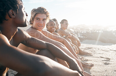 Buy stock photo Beach, diversity and friends on a vacation bonding, talking and sitting together on the sand. Happy, travel and multiracial people speaking while on a summer holiday adventure by the sea or ocean.