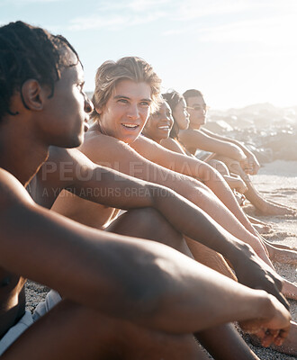 Buy stock photo Beach, vacation and friends  in conversation while bonding and sitting together on the sand. Happy, travel and multiracial people speaking while on a summer holiday adventure by the sea or ocean.