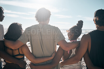 Buy stock photo People, back or standing hug by beach, ocean or sea in social gathering, group vacation or relax summer holiday. Men, women or diversity friends in embrace, travel bonding or nature community support