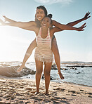 Friends, laughing or piggyback airplane by beach, ocean or sea in social gathering, vacation comedy or summer holiday. Smile, happy or black woman carrying girl in travel fun, bonding or comic games