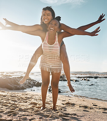 Buy stock photo Friends, laughing or piggyback airplane by beach, ocean or sea in social gathering, vacation comedy or summer holiday. Smile, happy or black woman carrying girl in travel fun, bonding or comic games