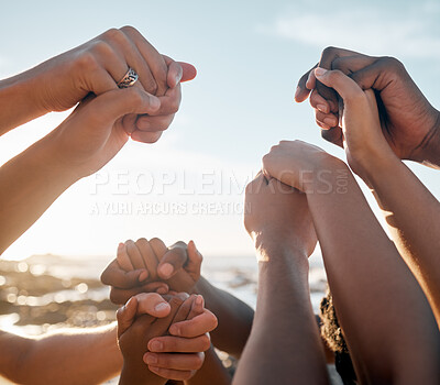 Buy stock photo People, bonding and holding hands on beach social gathering, community trust support or summer holiday success. Men, women and diversity friends in solidarity, team building or travel mission goals