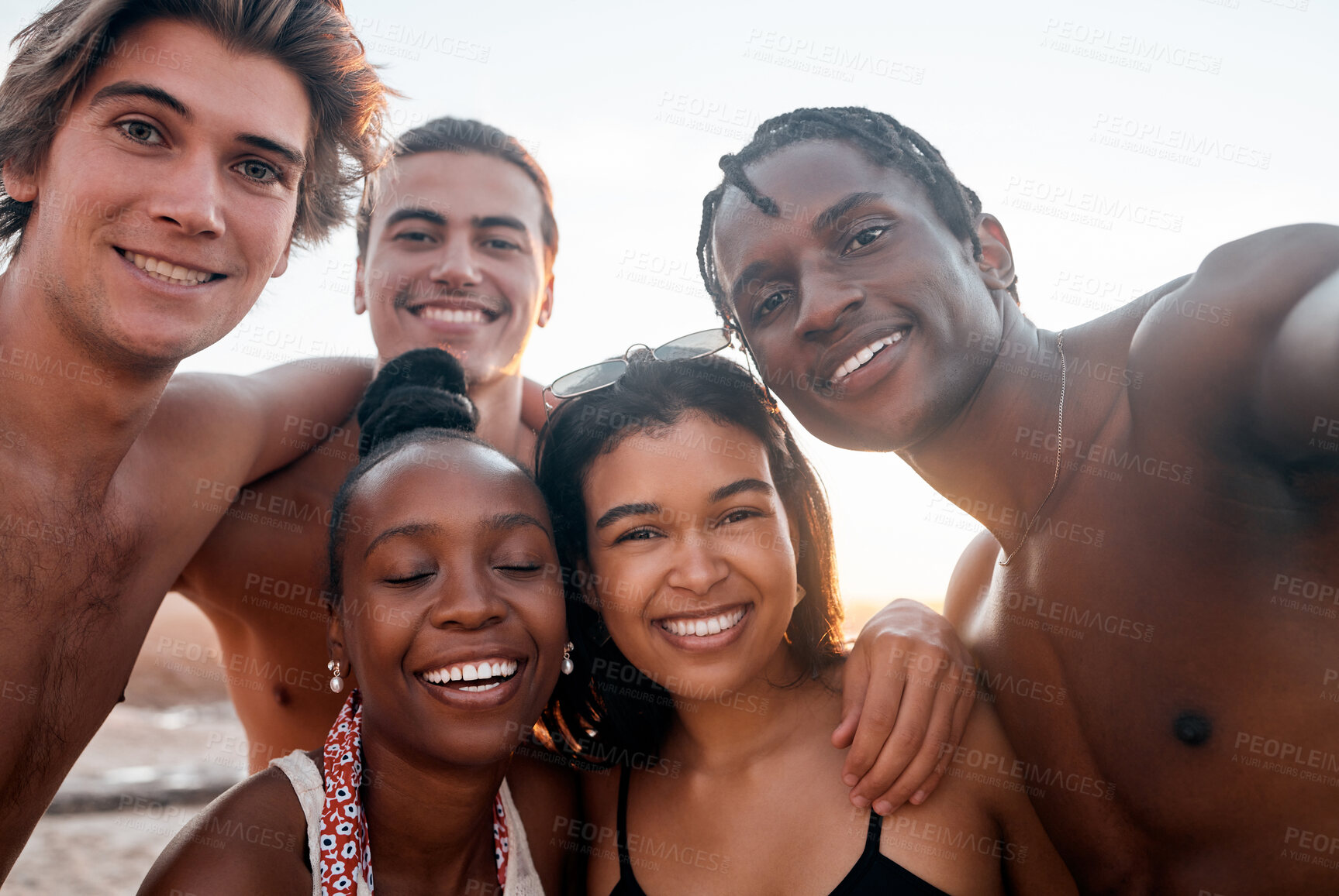 Buy stock photo People, selfie and portrait of friends at beach outdoors laughing, smile and enjoying holiday sunset. Travel face, freedom and group of men and women taking pictures for social media or happy memory.