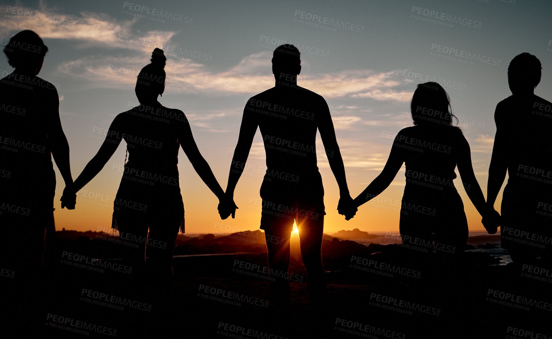 Buy stock photo Friends, bonding or holding hands on sunset beach silhouette, nature freedom or community trust support. Men, women or people sunrise shadow in solidarity, team building help or travel mission goals