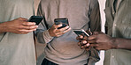 Man, hands and phone of people networking on social media, mobile app or chatting together. Hand of men holding smartphone texting or typing for online network share, data sync or communication