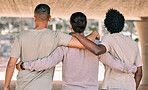 Back, men and friends hug, fitness and bonding after training, workout or exercise for wellness. Males, athletes or guys embrace, support or team with solidarity, healthy lifestyle or group activity 