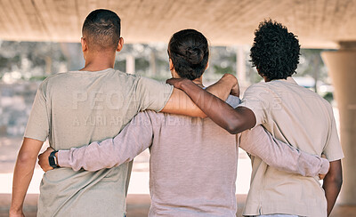 Buy stock photo Back, men and friends hug, fitness and bonding after training, workout or exercise for wellness. Males, athletes or guys embrace, support or team with solidarity, healthy lifestyle or group activity 