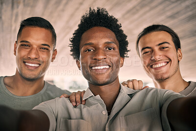 Black man, friends and portrait smile for selfie, vlog or profile picture together for social media post. Happy men smiling for photo memories, picture moment or partnership in friendship happiness