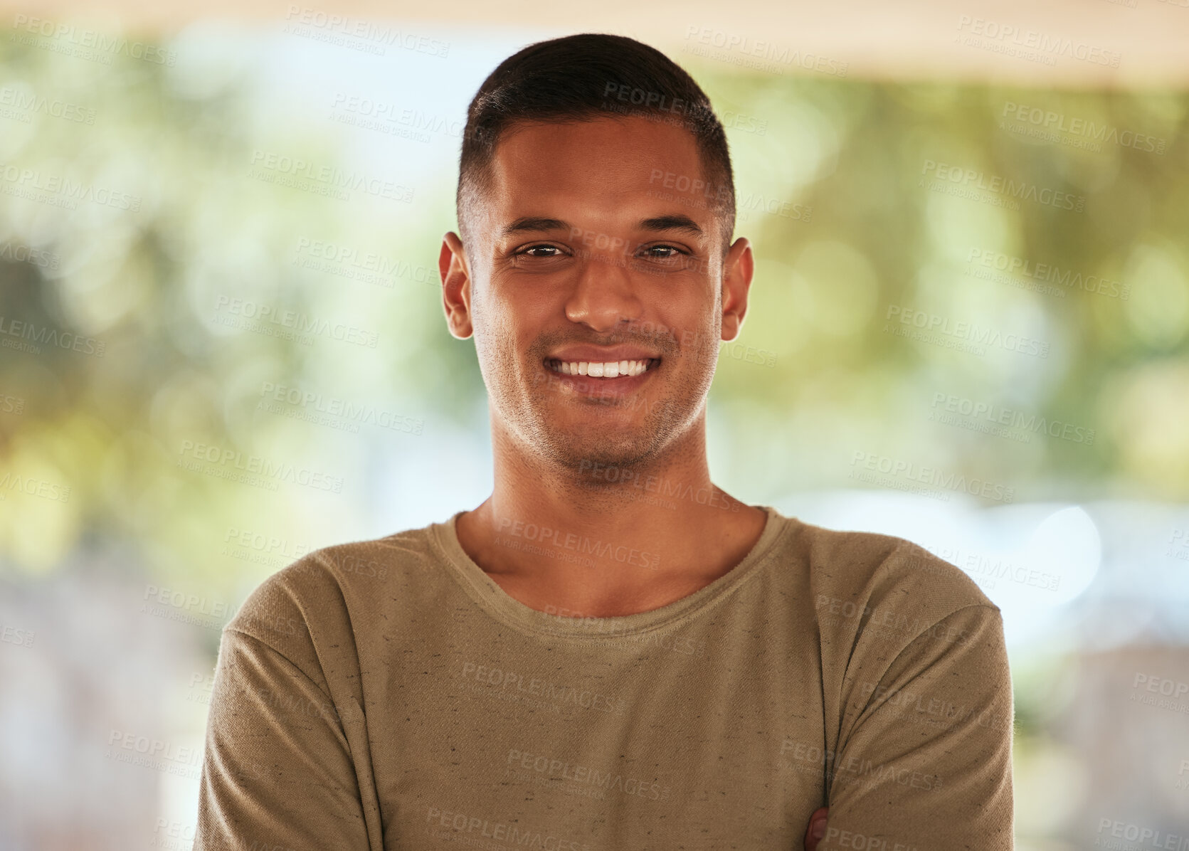 Buy stock photo Happy, confident and portrait of a handsome man in nature for fitness, exercise and workout. Motivation, happiness and face of an athlete with confidence, smile and positivity about sport training