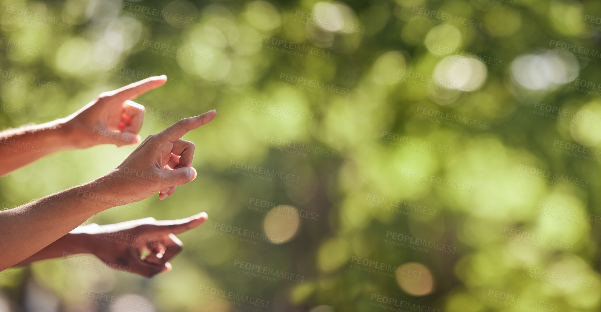 Buy stock photo Hands, finger and pointing sign on nature mockup for product placement, advertising or marketing. Hand of group showing fingers in point for location, direction or sightseeing outdoors on bokeh