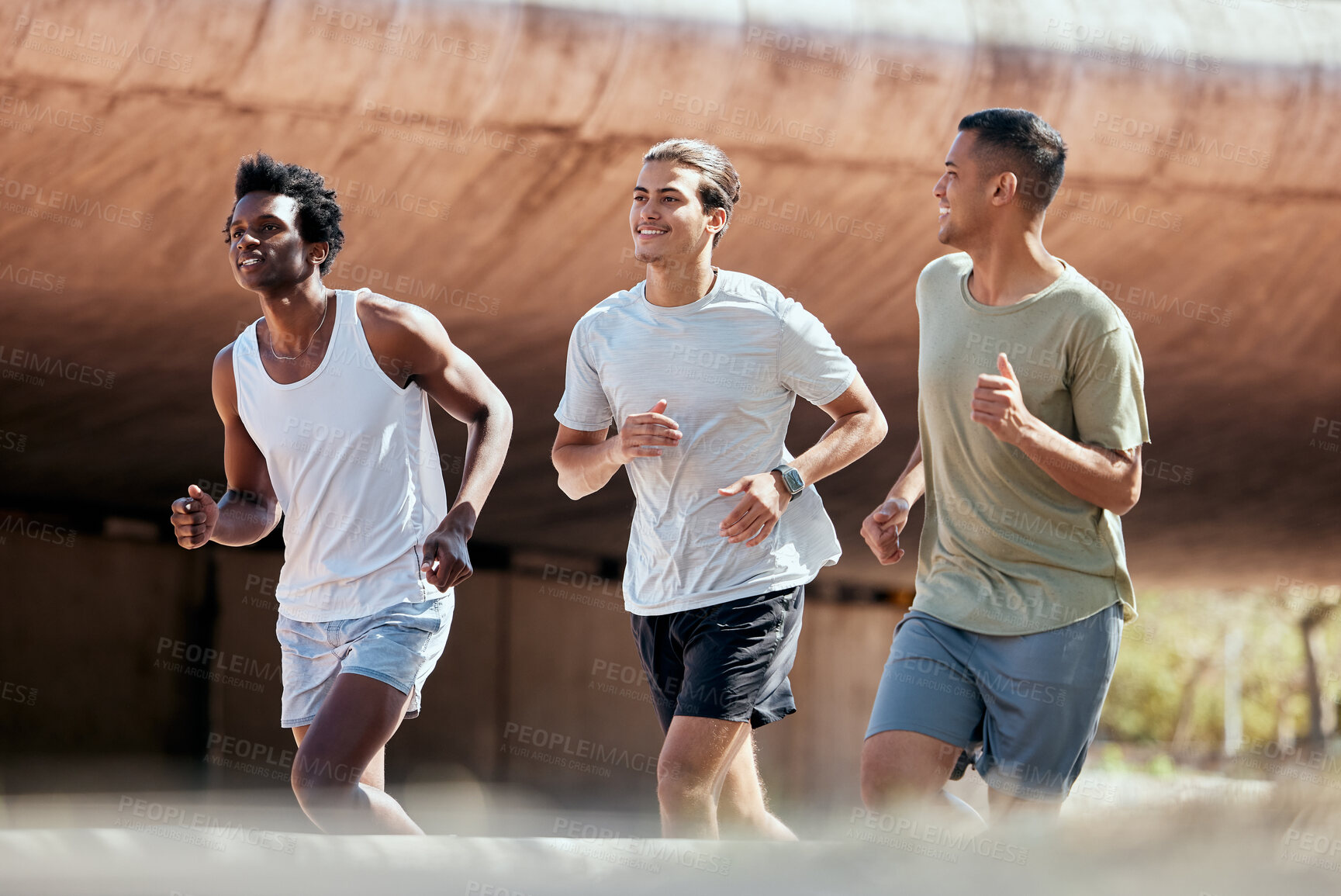 Buy stock photo Fitness, running and friends in a city for training, exercise and marathon practice on urban background. Diversity, workout and men group outdoor for wellness, bond and sport, conversation and cardio